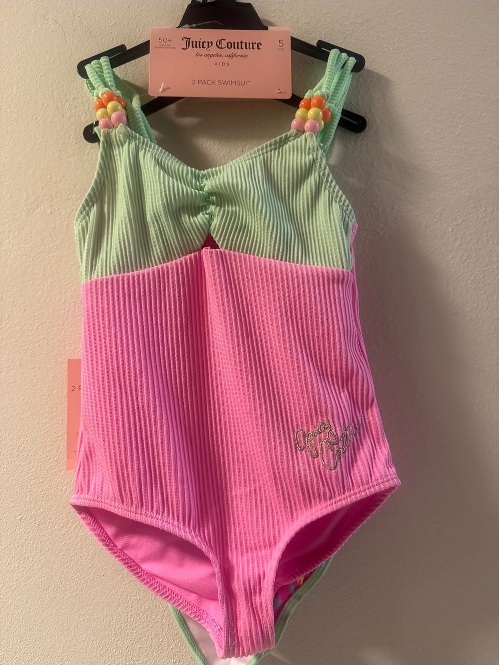 Juicy Couture Kids Mint Green & Hot Pink Ribbed One-Piece Swimsuit-2pck